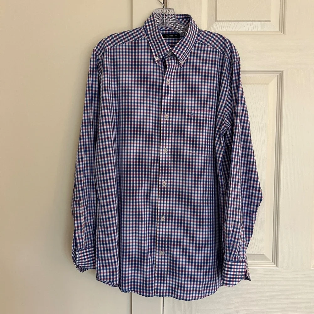 TailorByrd Button Down‎ Shirt Flamingo Logo L Navy Pink Gingham Check